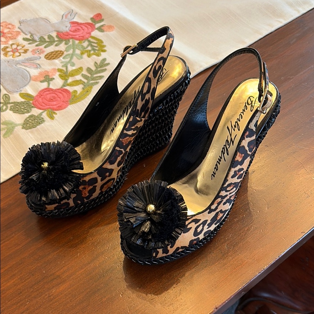 Beverly Feldman Leopard Print Wedge Slingback Heels with Black Pom Detail